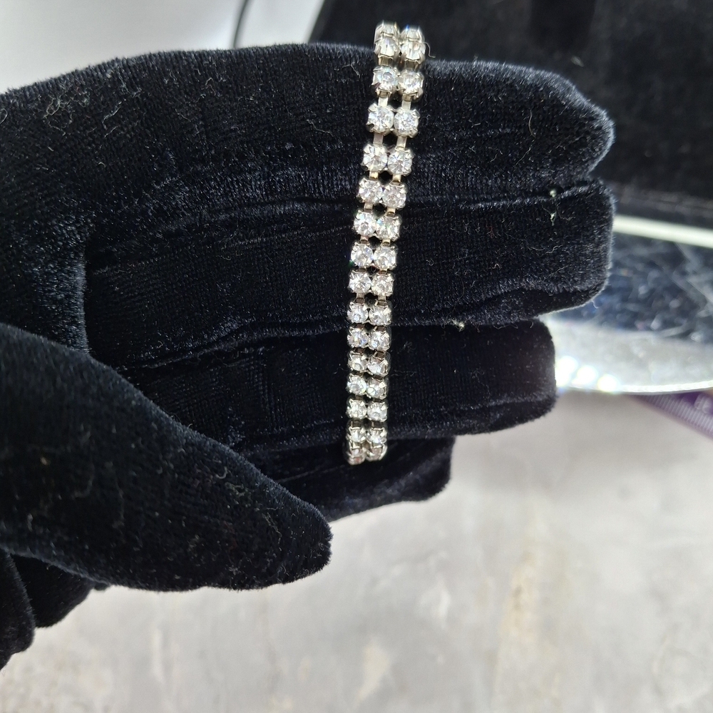 B. David Elegant Silver 2 Row Bracelet with Clear Stones With Safety Chain